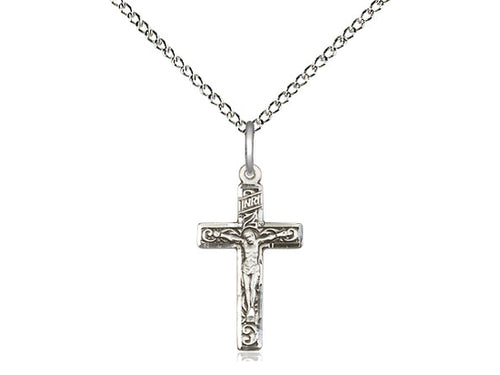 Sterling Silver Crucifix Pendant on a 18 inch Sterling Silver Light Curb Chain - Unique Catholic Gifts