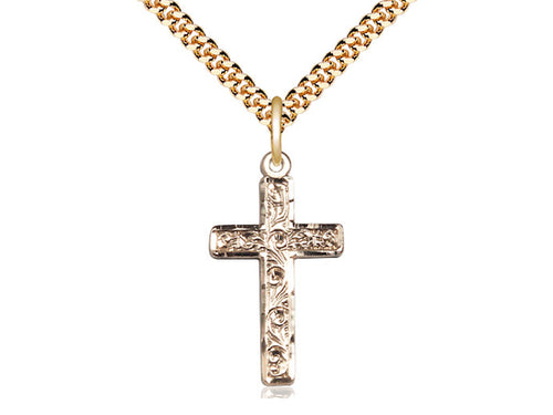 14kt Gold Filled Cross Pendant on a 24 inch Gold Plate Heavy Curb Chain - Unique Catholic Gifts