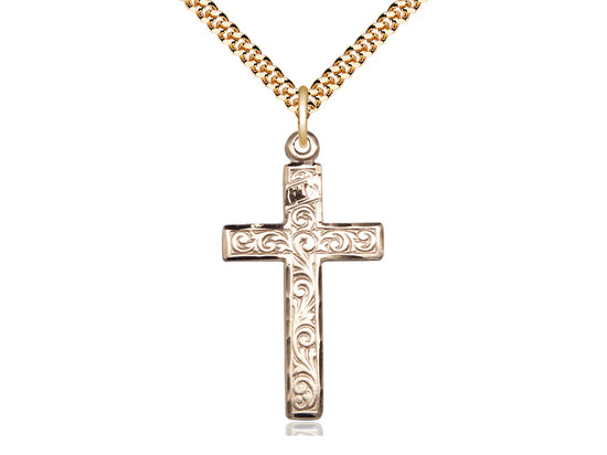 14kt Gold Filled Cross Pendant on a 24 inch Gold Plate Heavy Curb Chain - Unique Catholic Gifts