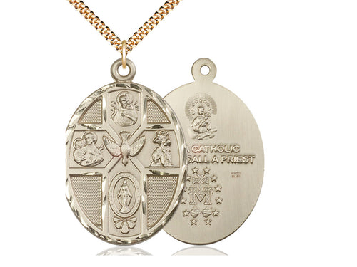 14kt Gold Filled 5-Way Holy Spirit Pendant on a 24 inch Gold Plate Heavy Curb Chain - Unique Catholic Gifts