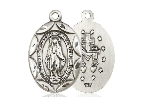 Sterling Silver Miraculous Pendant on a 24 inch Light Rhodium Heavy Curb Chain - Unique Catholic Gifts