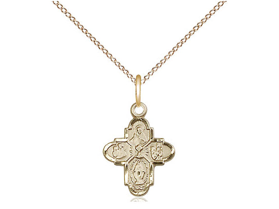 14kt Gold Filled 4-Way Chalice Pendant on a 18 inch Gold Filled Light Curb Chain - Unique Catholic Gifts