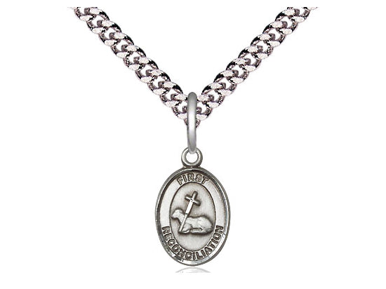Sterling Silver First Reconciliation Pendant on a 24 inch Light Rhodium Heavy Curb Chain - Unique Catholic Gifts