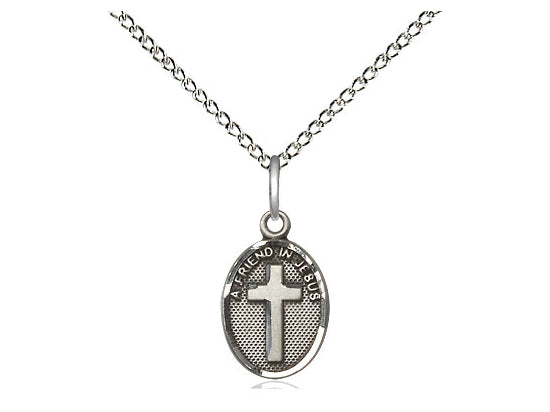Sterling Silver Friend In Jesus Cross Pendant on a 18 inch Sterling Silver Light Curb Chain - Unique Catholic Gifts