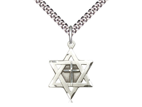 Sterling Silver Star of David w/ Cross Pendant on a 24 inch Light Rhodium Heavy Curb Chain - Unique Catholic Gifts