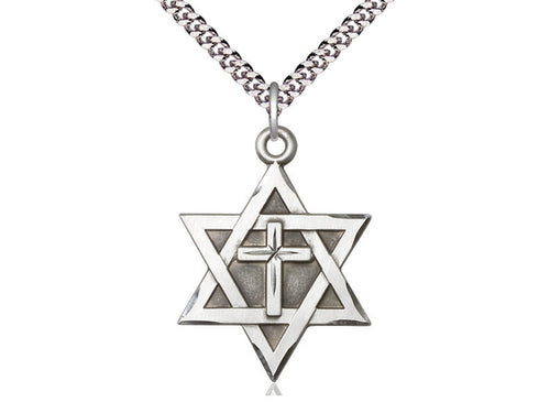 Sterling Silver Star of David w/ Cross Pendant on a 24 inch Light Rhodium Heavy Curb Chain - Unique Catholic Gifts