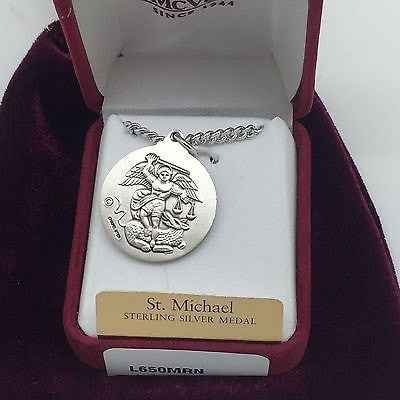 Sterling Silver Saint St Michael & US Marines Medal 7/8" with 24"chain and box