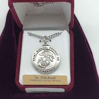 Sterling Silver Saint St Michael & US Marines Medal 7/8" with 24"chain and box