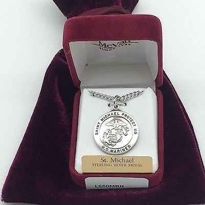 Sterling Silver Saint St Michael & US Marines Medal 7/8" with 24"chain and box