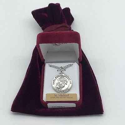 Sterling Silver Saint St Michael & US Marines Medal 7/8" with 24"chain and box