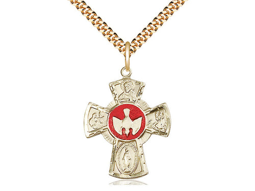 14kt Gold Filled 5-Way Pendant on a 24 inch Gold Plate Heavy Curb Chain - Unique Catholic Gifts