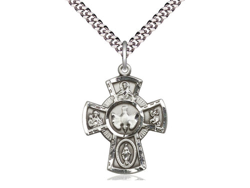 Sterling Silver 5-Way Pendant on a 24 inch Light Rhodium Heavy Curb Chain - Unique Catholic Gifts