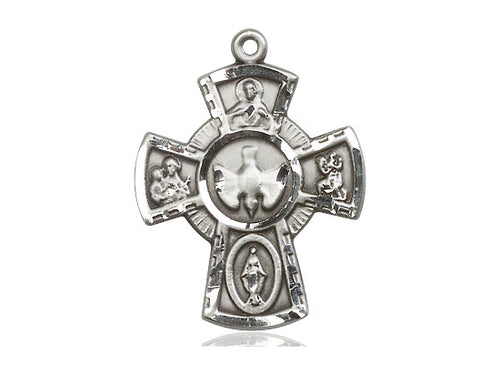 Sterling Silver 5-Way Pendant on a 24 inch Light Rhodium Heavy Curb Chain - Unique Catholic Gifts