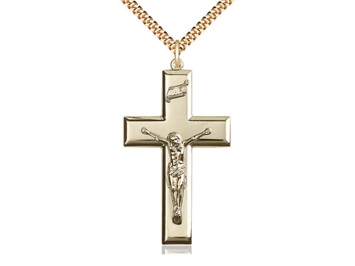 14kt Gold Filled Crucifix Pendant on a 24 inch Gold Plate Heavy Curb Chain - Unique Catholic Gifts