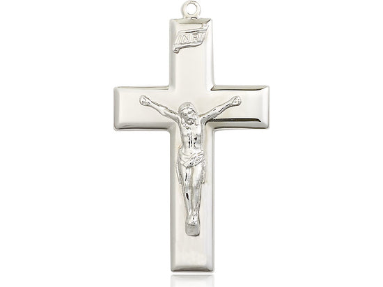 Sterling Silver Crucifix Pendant on a 24 inch Light Rhodium Heavy Curb Chain - Unique Catholic Gifts