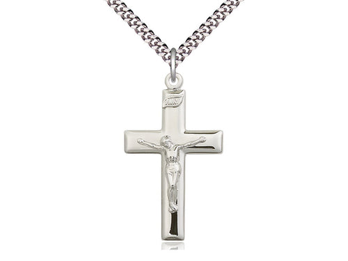 Sterling Silver Crucifix Pendant on a 24 inch Light Rhodium Heavy Curb Chain - Unique Catholic Gifts