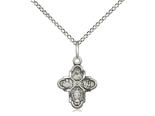 Sterling Silver 4-Way Pendant with 18 inch Sterling Silver Light Curb Chain - Unique Catholic Gifts