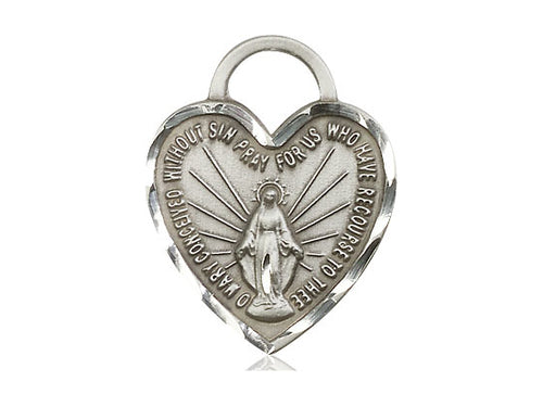 Sterling Silver Miraculous Heart Pendant on a 18 inch Sterling Silver Light Curb Chain - Unique Catholic Gifts