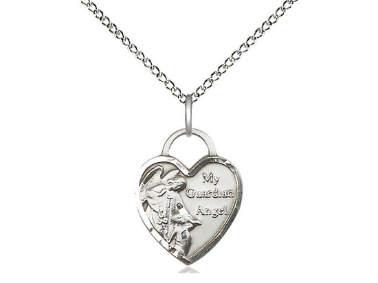 Sterling Silver Guardian Angel Heart Pendant on a 18 inch Sterling Silver Light Curb Chain - Unique Catholic Gifts