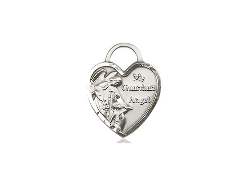 Sterling Silver Guardian Angel Heart Pendant on a 18 inch Sterling Silver Light Curb Chain - Unique Catholic Gifts