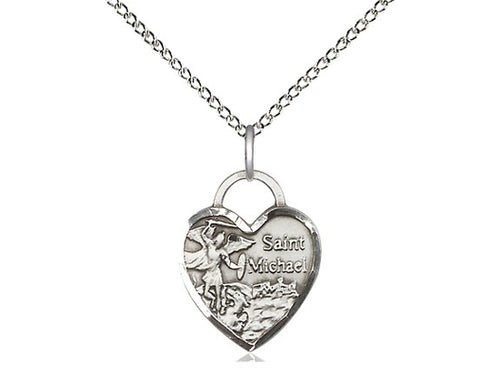 Sterling Silver St Michael Heart Pendant on a 18 inch Sterling Silver Light Curb Chain - Unique Catholic Gifts