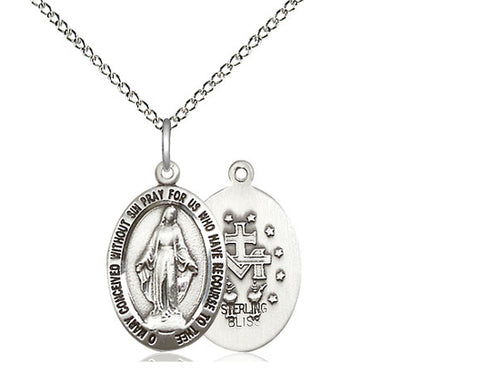 Sterling Silver Miraculous Pendant on a 18 inch Sterling Silver Light Curb Chain. - Unique Catholic Gifts