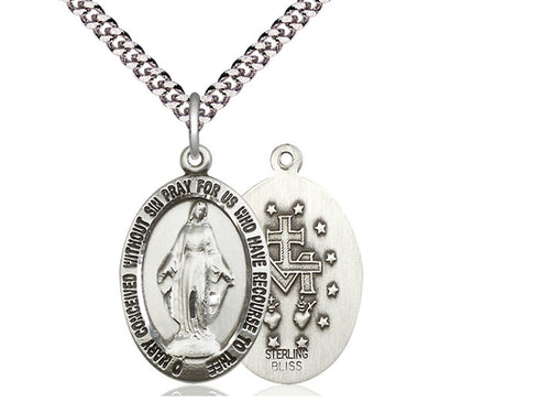 Sterling Silver Miraculous Pendant on a 24 inch Light Rhodium Heavy Curb Chain - Unique Catholic Gifts