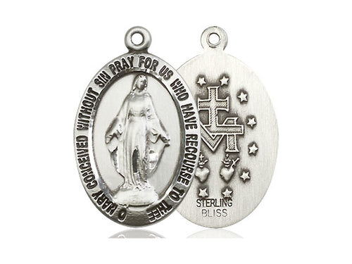 Sterling Silver Miraculous Pendant on a 24 inch Light Rhodium Heavy Curb Chain - Unique Catholic Gifts