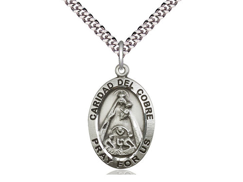 Sterling Silver Caridad del Cobre Pendant on a 24 inch Light Rhodium Heavy Curb Chain - Unique Catholic Gifts