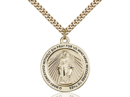 14kt Gold Filled Miraculous Pendant on a 24 inch Gold Plate Heavy Curb Chain - Unique Catholic Gifts