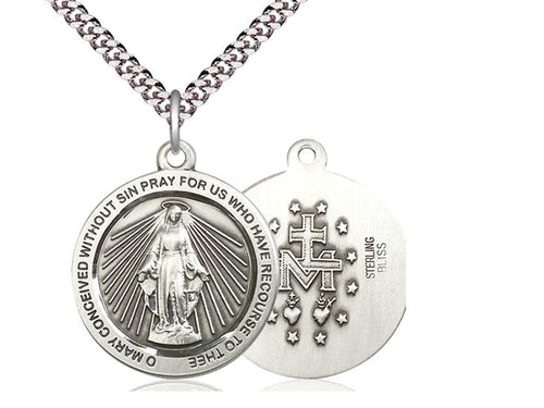 Sterling Silver Miraculous Pendant on a 24 inch Light Rhodium Heavy Curb Chain - Unique Catholic Gifts