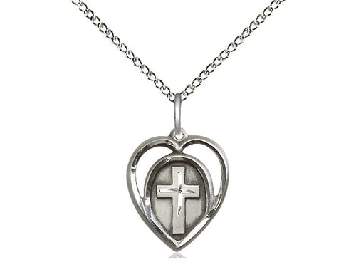 Sterling Silver Heart Cross Pendant on a 18 inch Sterling Silver Light Curb Chain - Unique Catholic Gifts