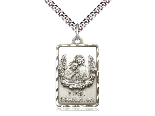 Sterling Silver Communion First Reconciliation Pendant on a 24 inch Light Rhodium Heavy Curb Chain - Unique Catholic Gifts