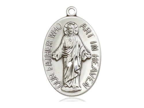 Sterling Silver Our Father Pendant on a 24 inch Light Rhodium Heavy Curb Chain - Unique Catholic Gifts