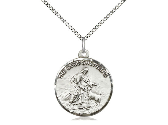 Sterling Silver Good Shepherd Pendant on a 18 inch Sterling Silver Light Curb Chain - Unique Catholic Gifts