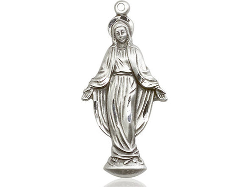 Sterling Silver Miraculous Pendant on a 24 inch Light Rhodium Heavy Curb Chain - Unique Catholic Gifts