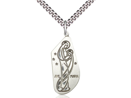 Sterling Silver Ave Maria Pendant on a 24 inch Light Rhodium Heavy Curb Chain - Unique Catholic Gifts