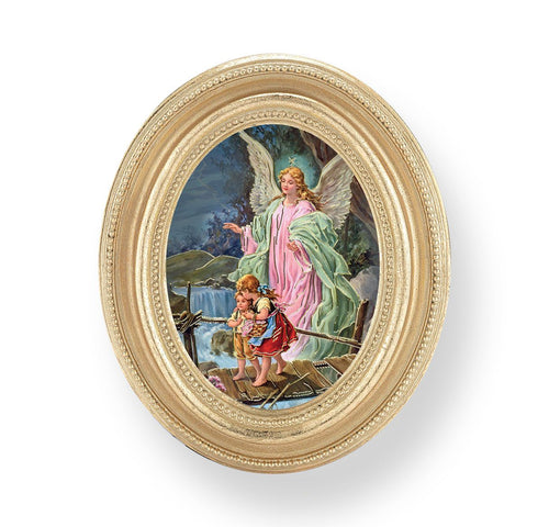 Gold Oval Frame with a Guardian Angel Print - Unique Catholic Gifts
