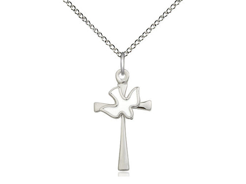 Sterling Silver Cross Holy Spirit Pendant on a 18 inch Sterling Silver Light Curb Chain - Unique Catholic Gifts