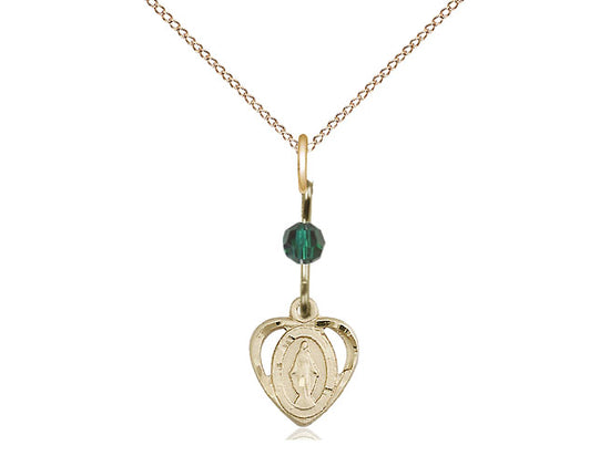 14kt Gold Filled Miraculous Pendant with a Emerald bead on a 18 inch Gold Filled Light Curb Chain - Unique Catholic Gifts