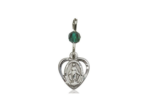 Sterling Silver Miraculous Pendant with a Emerald bead on a 18 inch Light Rhodium Light Curb Chain - Unique Catholic Gifts