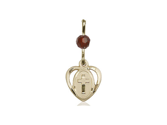 14kt Gold Filled Heart Cross Pendant with a Garnet bead on a inch Gold Filled Light Curb Chain - Unique Catholic Gifts