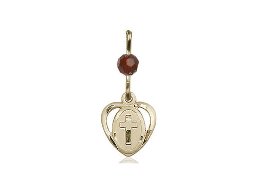 14kt Gold Filled Heart Cross Pendant with a Garnet bead on a inch Gold Filled Light Curb Chain - Unique Catholic Gifts
