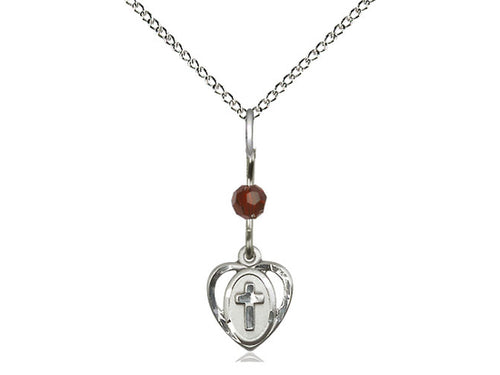 Sterling Silver Heart Cross Pendant with a Garnet bead on a inch Sterling Silver Light Curb Chain - Unique Catholic Gifts