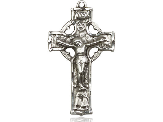 Sterling Silver Celtic Crucifix Pendant on a 24 inch Light Rhodium Heavy Curb Chain. - Unique Catholic Gifts
