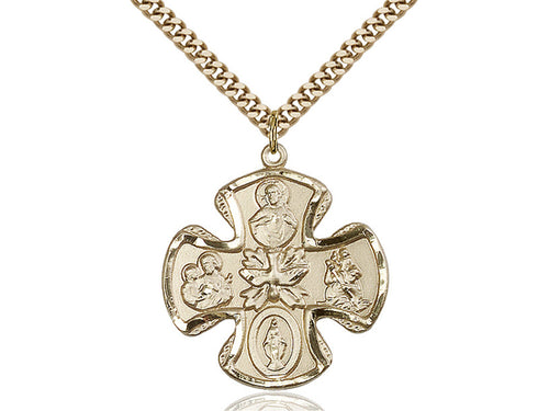 14kt Gold Filled 5-Way Pendant on a 24 inch Gold Plate Heavy Curb Chain - Unique Catholic Gifts