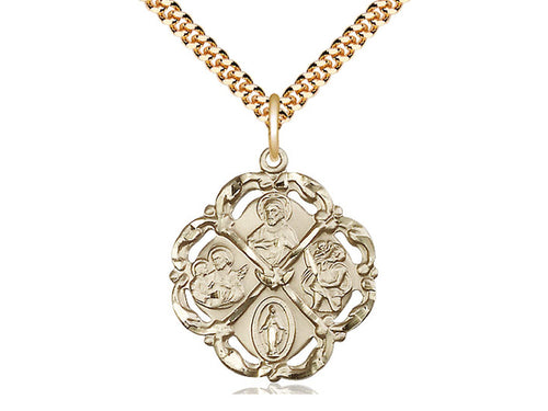 14kt Gold Filled 5-Way Pendant on a 24 inch Gold Plate Heavy Curb Chain - Unique Catholic Gifts