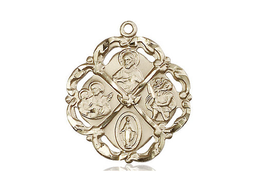 14kt Gold Filled 5-Way Pendant on a 24 inch Gold Plate Heavy Curb Chain - Unique Catholic Gifts
