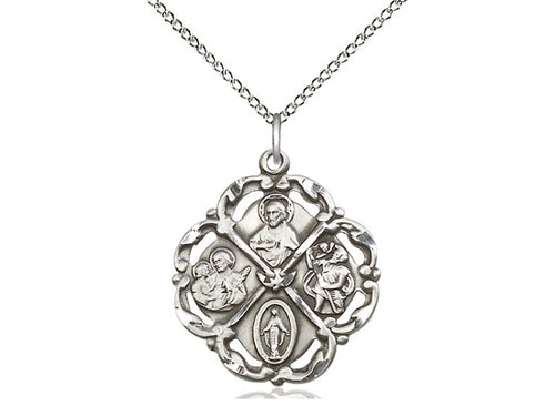 Sterling Silver 5-Way Pendant on a 18 inch Sterling Silver Light Curb Chain - Unique Catholic Gifts