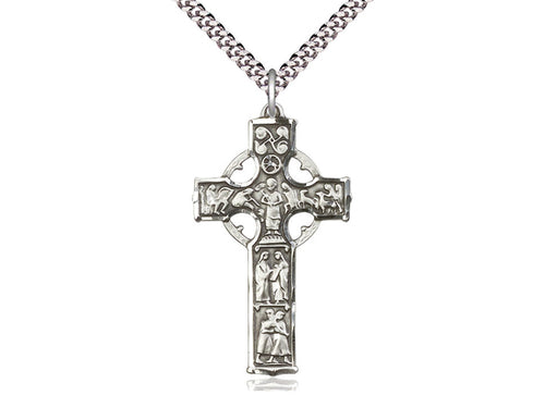 Sterling Silver Celtic Cross Pendant on a 24 inch Light Rhodium Heavy Curb Chain - Unique Catholic Gifts